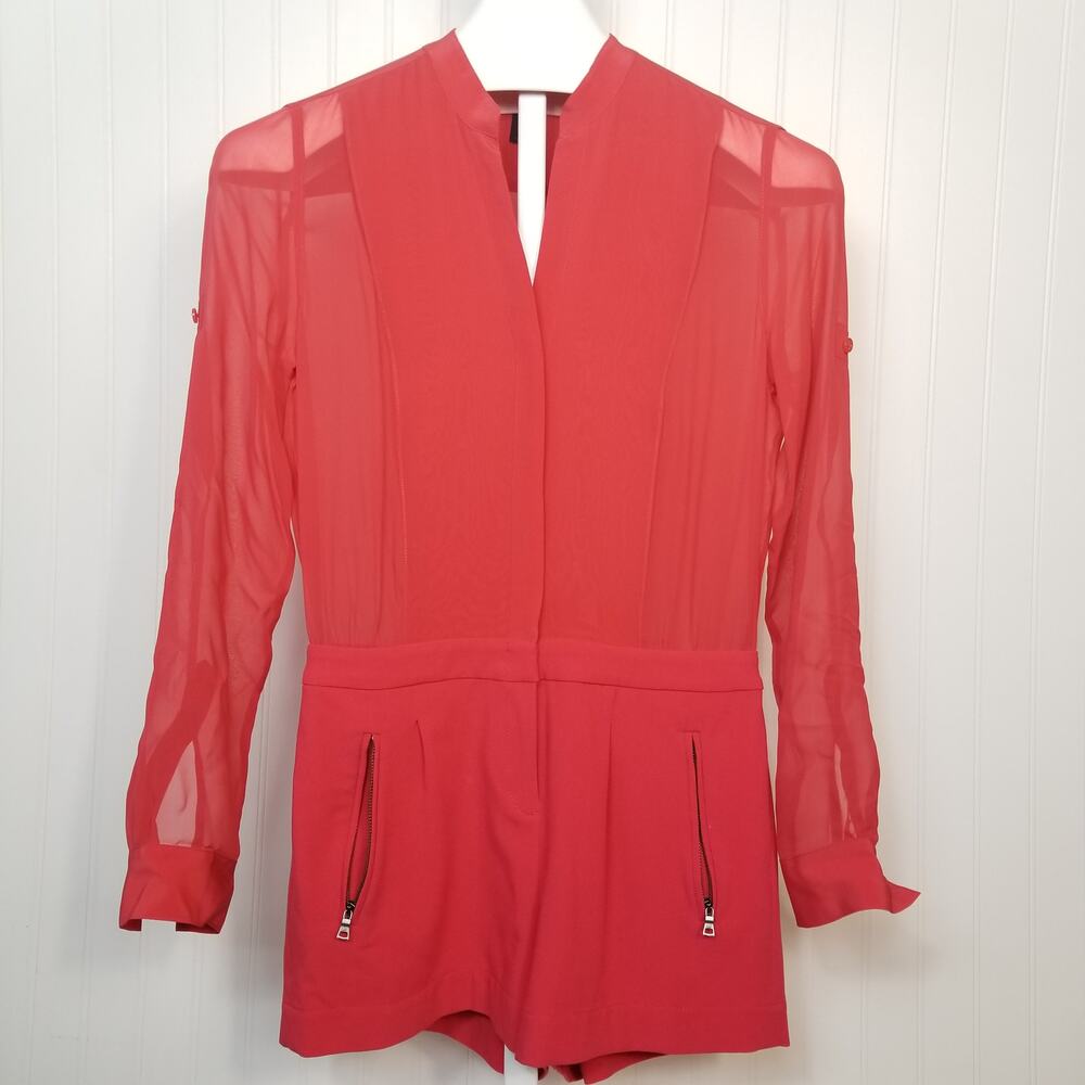 BCBGMAXAZRIA Gisele Bib Romper with Zipper Pockets Red Sheer Size XS $248 - Picture 2 of 11